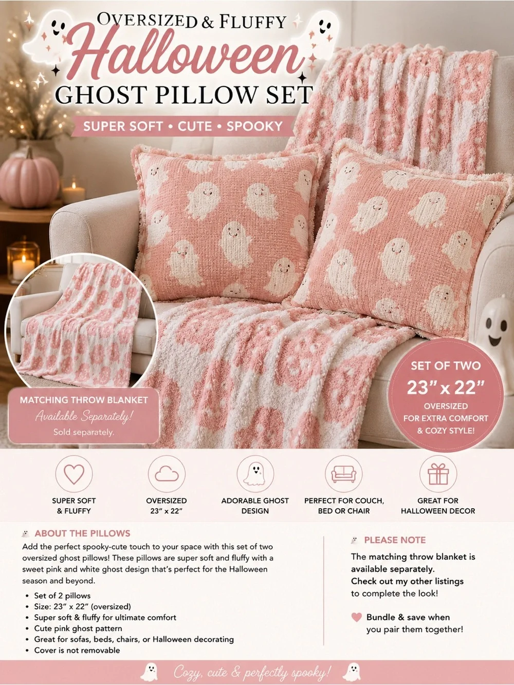 Cynthia Rowley Pink Ghost Halloween Pillow Set, 2-Pack